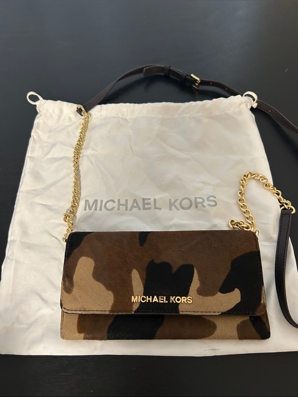 Michael Kors Brown Camo Calf/Horse Hair Leather Crossbody with Gold Chain